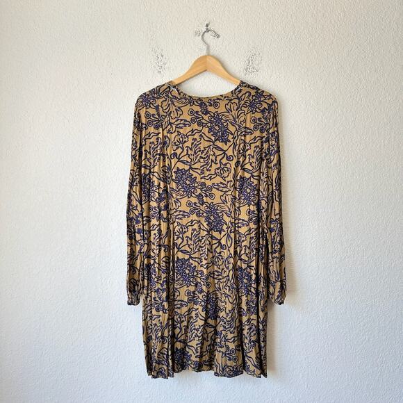 PERUVIAN CONNECTION Mini Dress Brown Blue Floral Puff Sleeve Boho - Picture 2 of 13